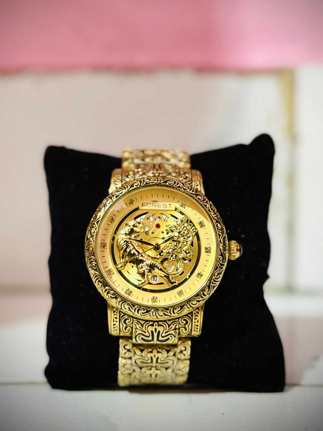 Image of FOREST Forest Luxury Lion Curved Golden Dial and Chain Men Wrist Watch Analog Watch Analog Watch - For Men
