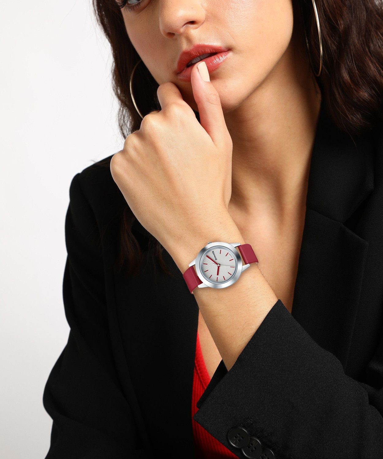 Image of SONATA NP87019SL12 Sonata Splash White Dial Red Leather Strap Analog Watch - For Women