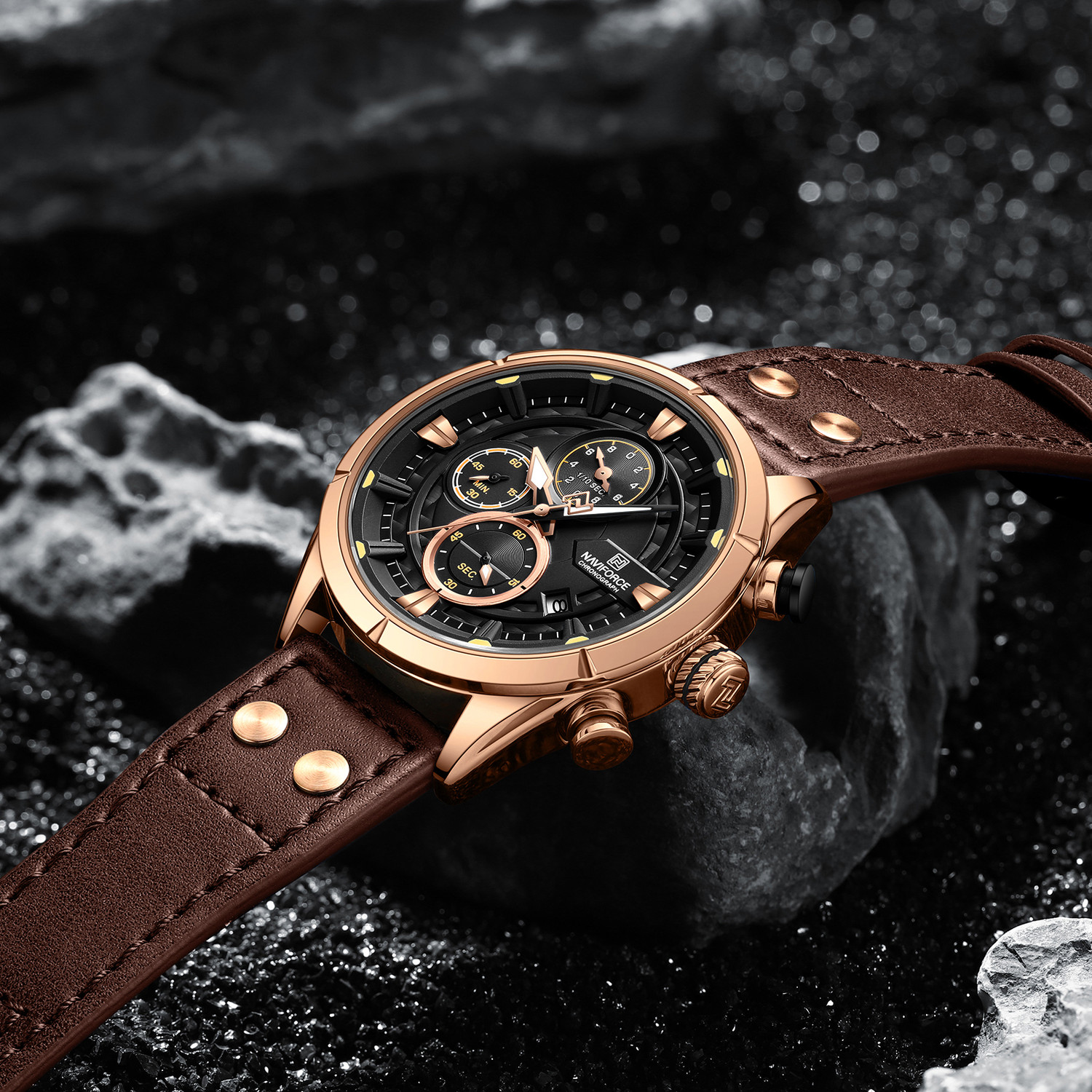 Image of NAVIFORCE 8045 Bold rosegold and brown color carbon fiber crafted dial design with chronograph Analog Watch - For Men