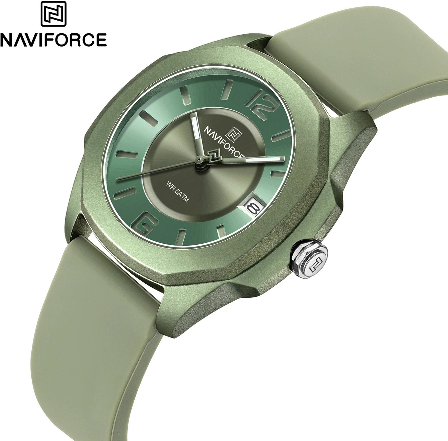 Image of NAVIFORCE NF7107 Green Super soft silicone strap sunburst pattern dial with luminous hand Analog Watch - For Women