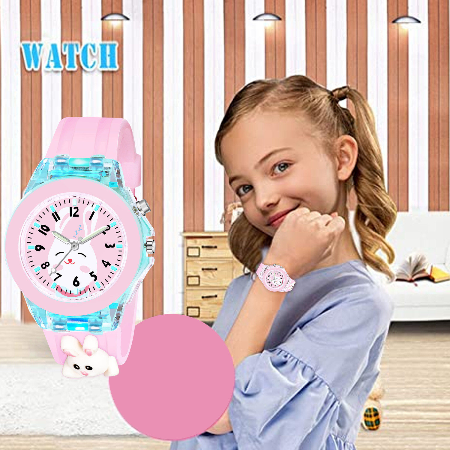 Image of MAAN INTERNATIONAL Bunny Rebbit Kids Cute Rabbit Bunny Cartoon LED Light Pink Silicone Strap Analog Watch - For Boys & Girls