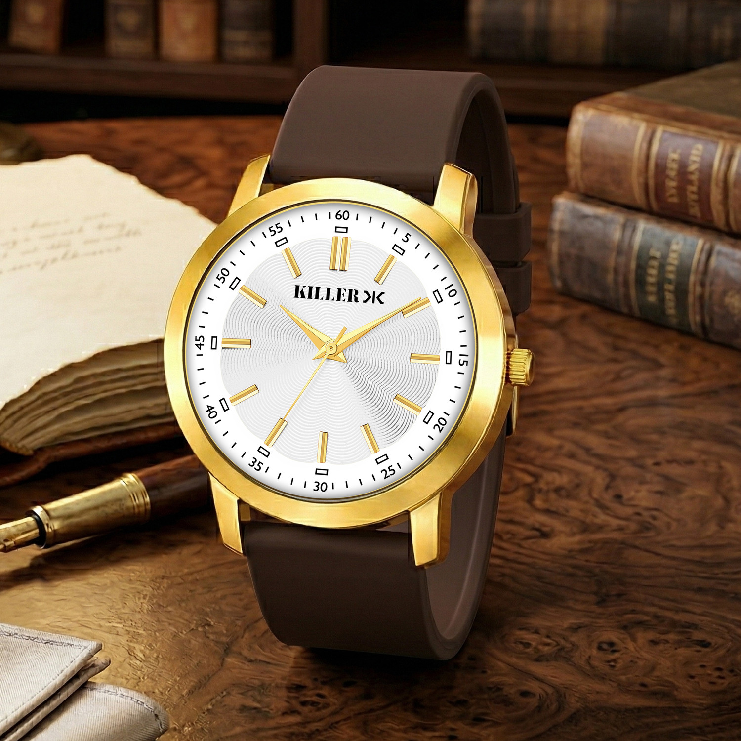 Image of KILLER Timeless Gold Elegance with White Dial & Premium Silicone Strap Analog Watch - For Men
