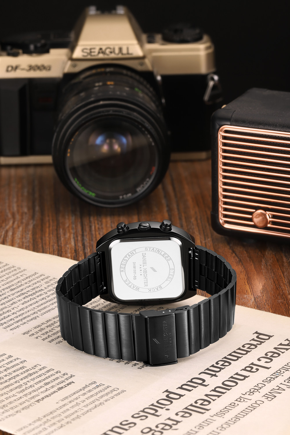 Image of DANIEL HECHTER Model DHM1001 Paris Bercy Collection Modern Multi Functional Square Dial and Stainless Strap Analog Watch - For Men