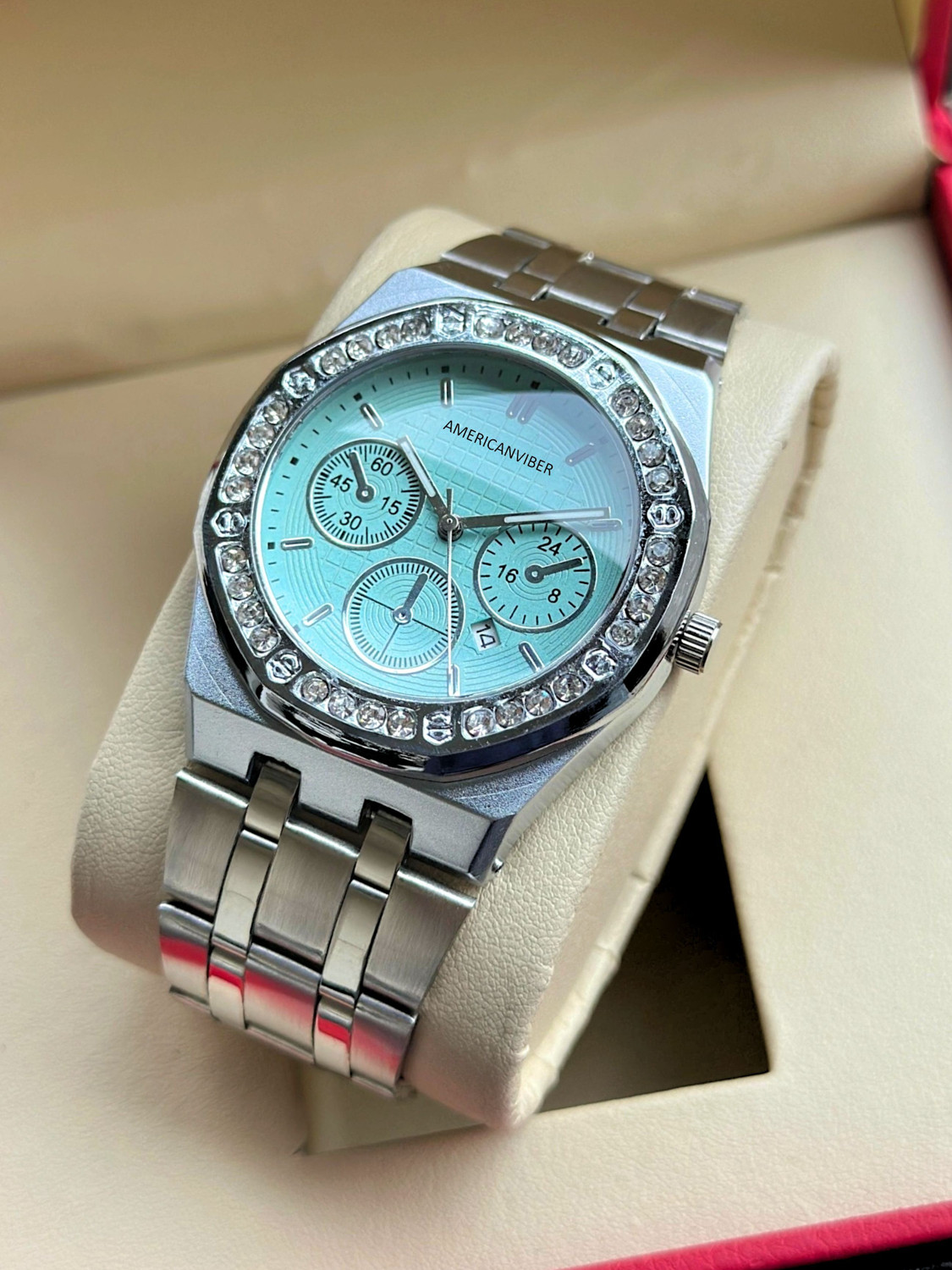 Image of Americanviber AVM0038 Premium Diamond-Fitted Dial Men's Watch with Date Function & Adjustable Belt Analog Watch - For Men