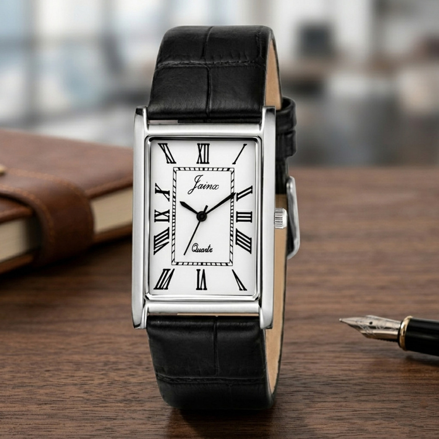 Image of JAINX JM7250 Executive Rectangular Shape Black Leather Strap Analog Watch - For Men