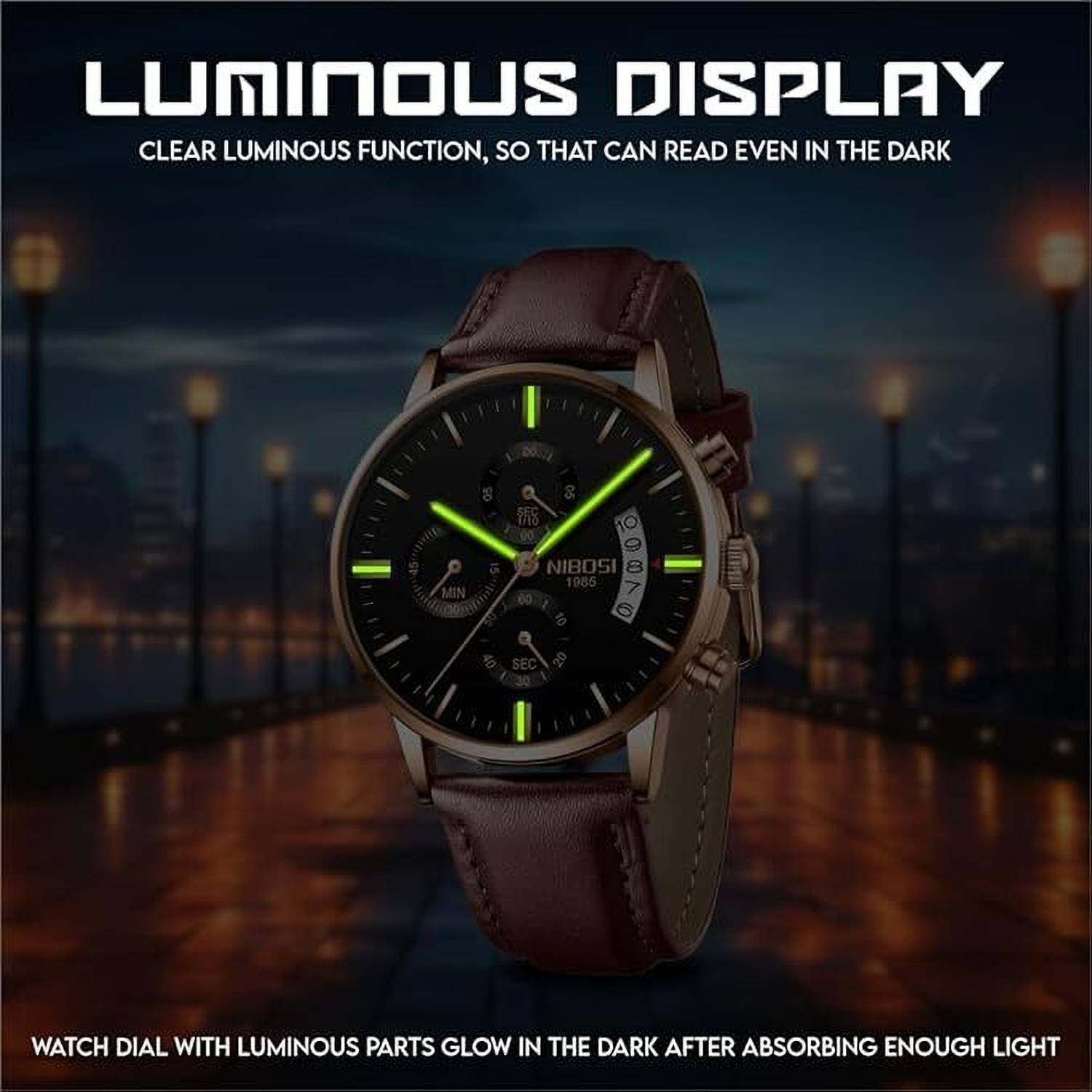 NIBOSI Chronograph Leather Strap Watch for Men - Image 3