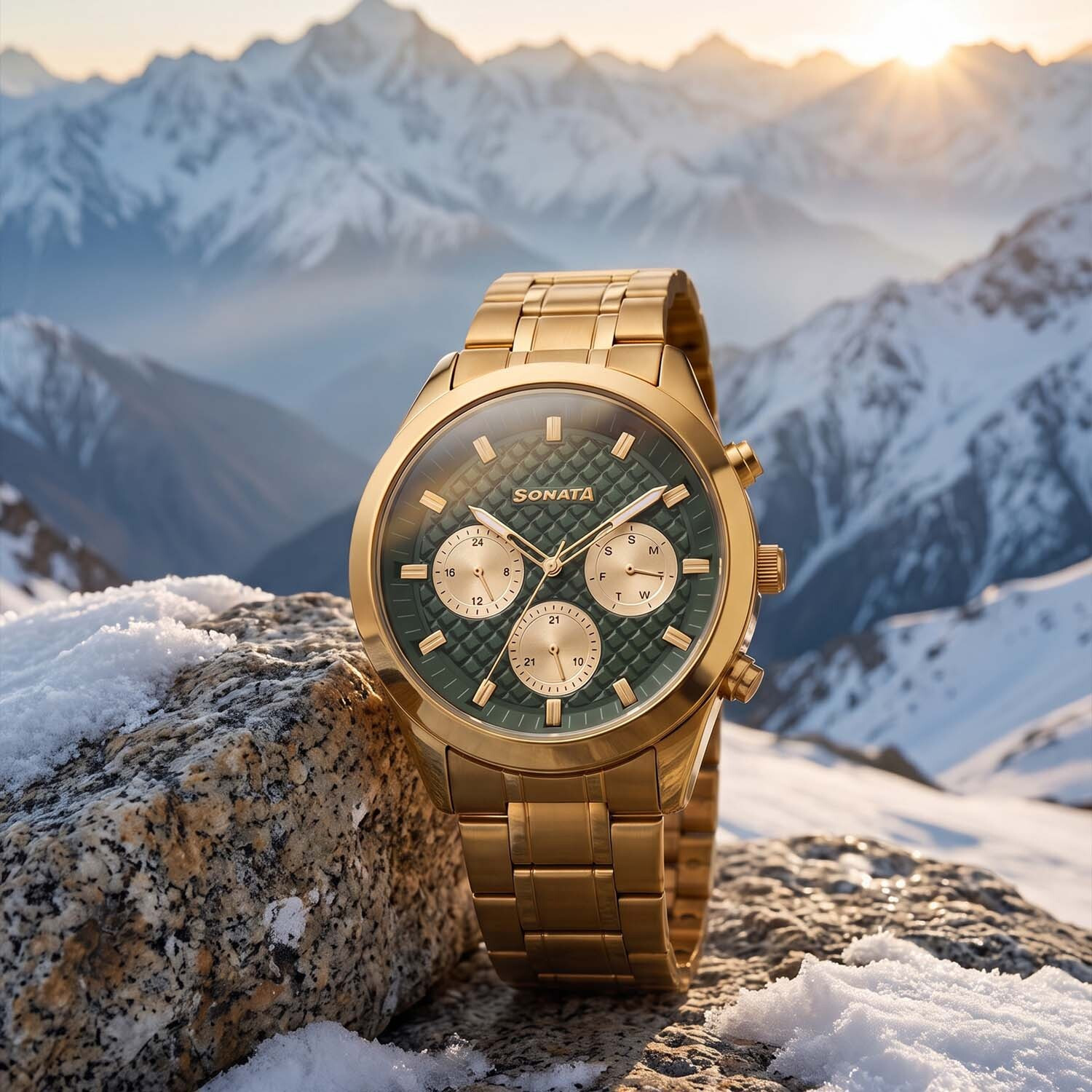 Image of SONATA Summit Summit Multifunction Green Dial Gold-Tone Analog Watch - For Men