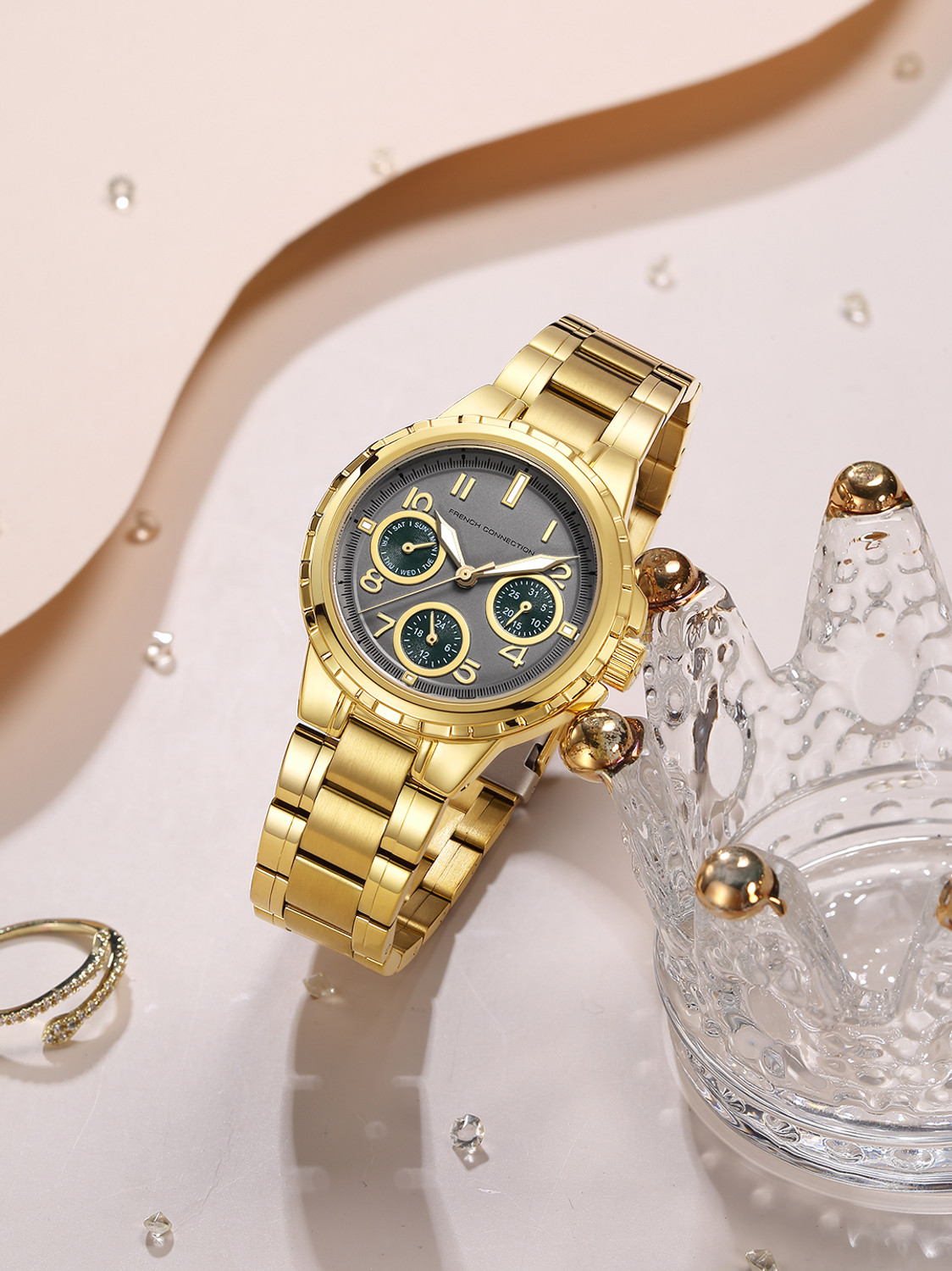 Image of French Connection Men Business Casual Dress Watch Luminous Date Wristwatches Grey Embossed Round Dial | Gold Stainless Steel Chronograph Watch for Women Analog Watch - For Women