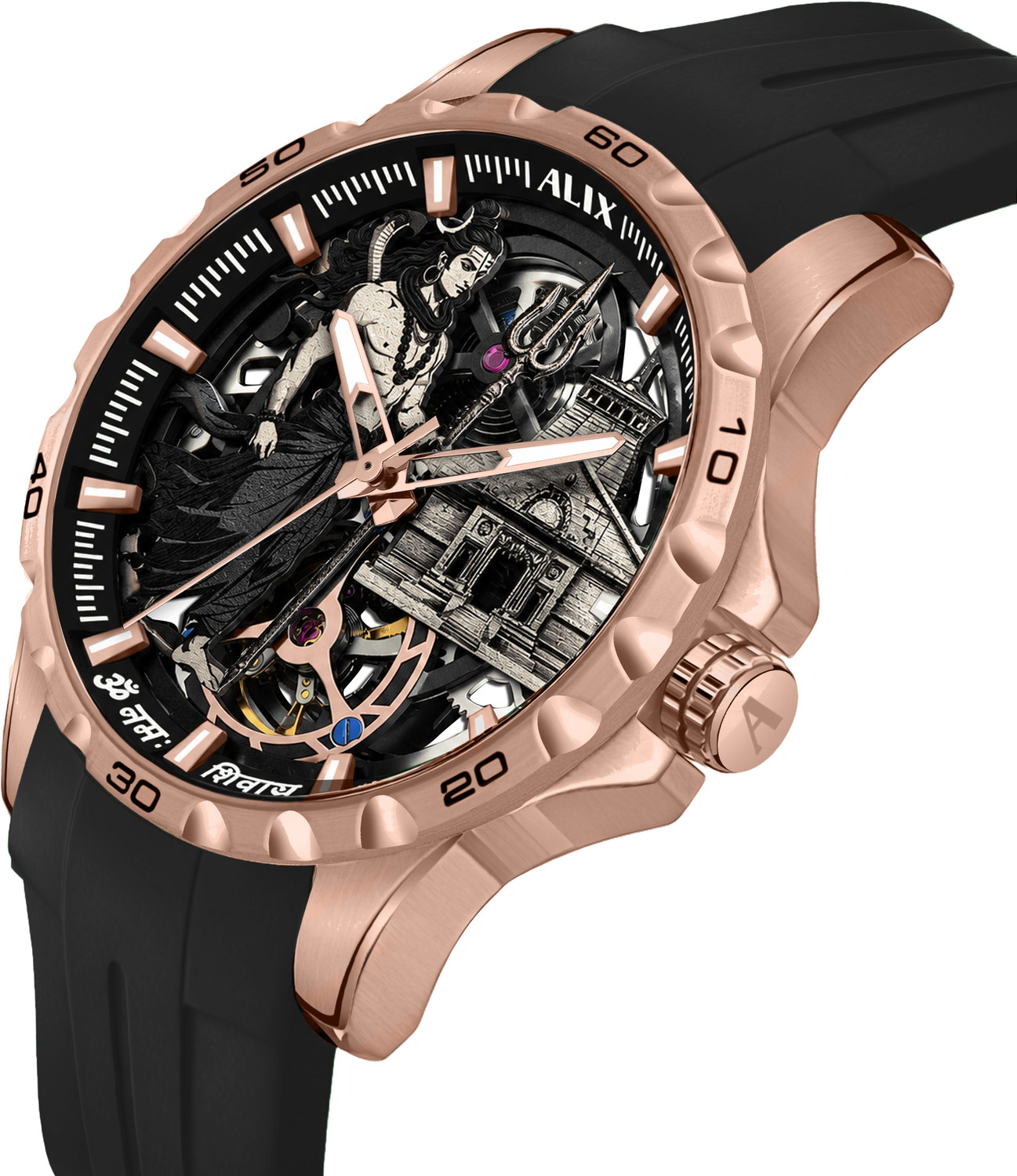 Image of Alix AL2931 Rose Gold-Black Mahadev Legacy Dial With Black Silicon Strap Analog Watch - For Men