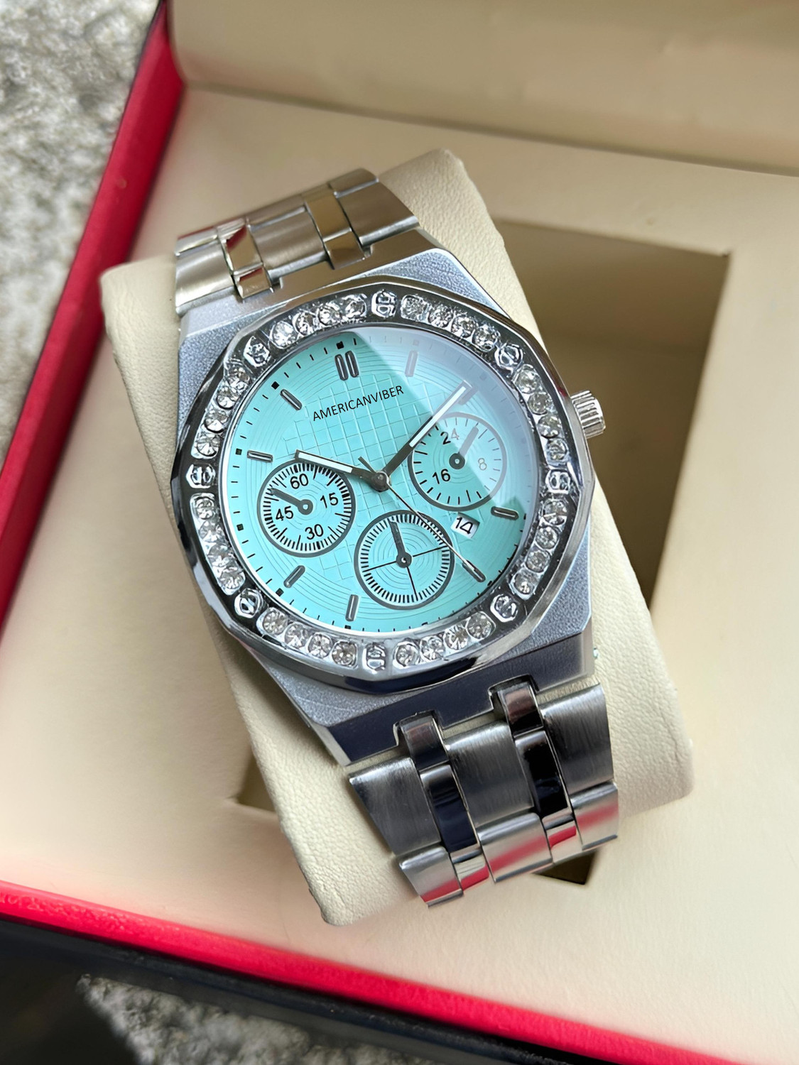Image of Americanviber AVM0038 Premium Diamond-Fitted Dial Men's Watch with Date Function & Adjustable Belt Analog Watch - For Men