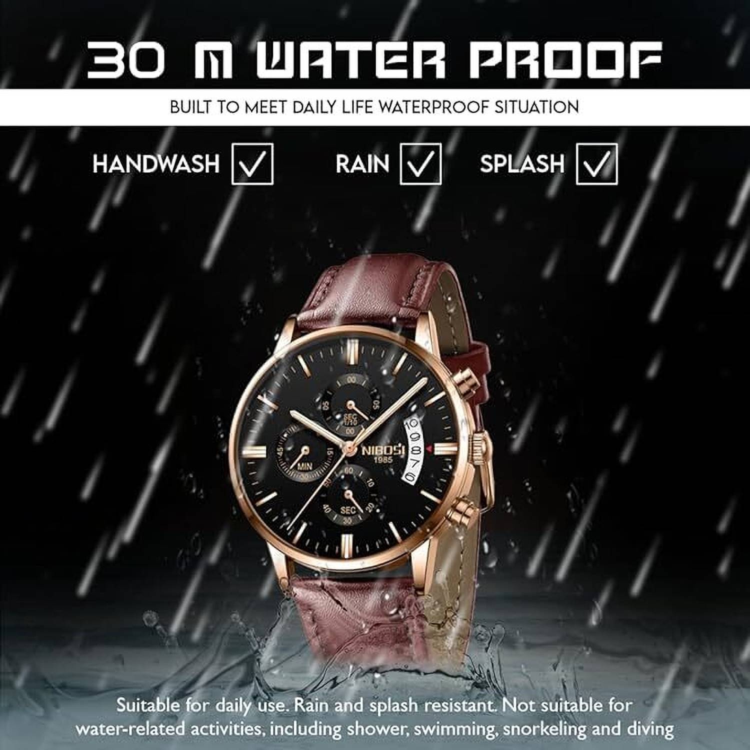 NIBOSI Chronograph Leather Strap Watch for Men - Image 4