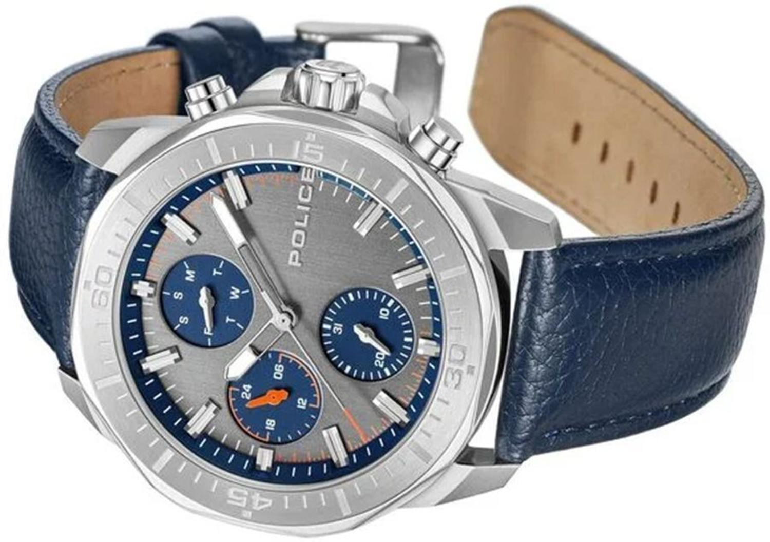 Image of Police Police Quartz Multifunction Grey Dial Blue Leather Strap Analog Watch - For Men