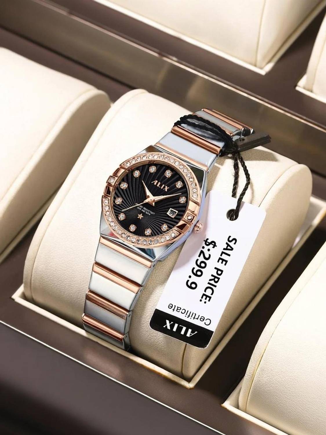 Alix 2534 Stylish Twotone Silver &rosegold strap with diamond studded with date Black dial Analog Watch  - For Women