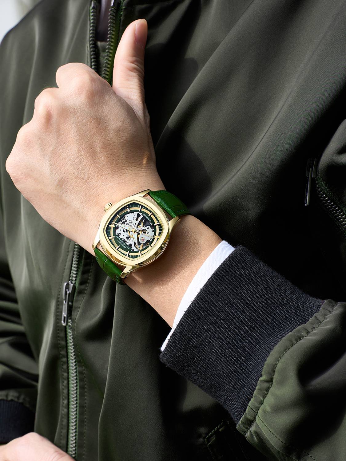 French Connection Green Skeleton Round Dial Watch - Image 2