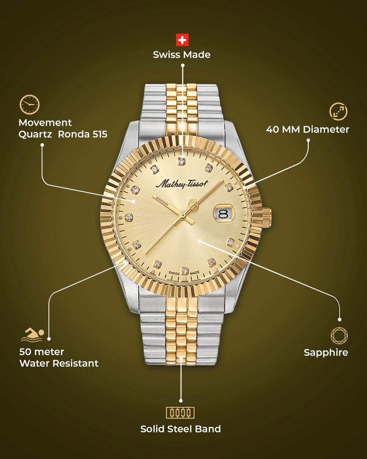 Image of Mathey-Tissot H710BDI Swiss Made Mathy II Quartz Ronda 515 H3 Movement Gold Dial Analog Watch - For Men