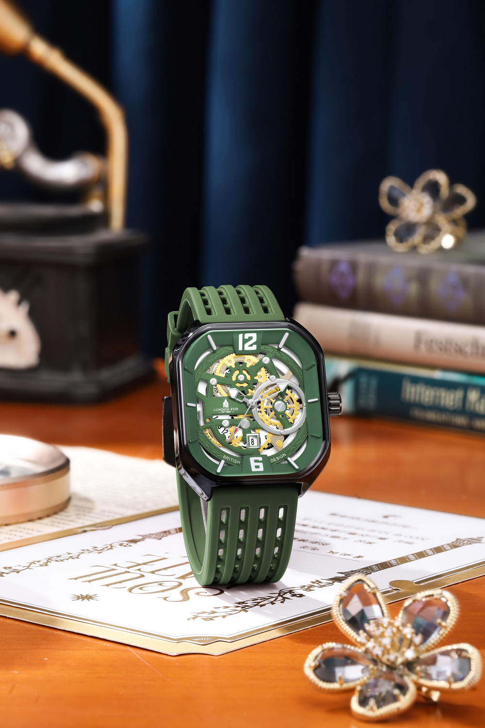 Image of London Fog Brompton Collection Green Octagonal-Shaped Dial, Date Display and Silicone Strap Analog Watch - For Men LFM10035-03