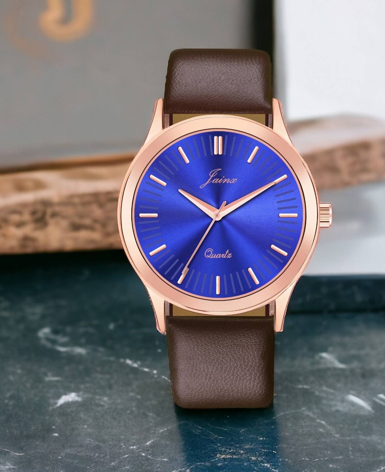JAINX JM7181 Blue Dial Brown Genuine Leather Strap Analog Watch