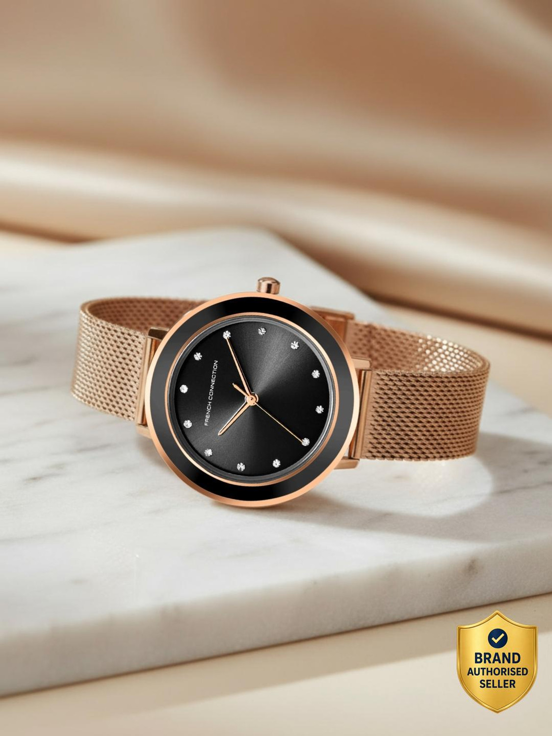 Image of French Connection Rhinestones Black Sunray Round Dial | Women Rose Gold Mesh Strap Analog Watch - For Women