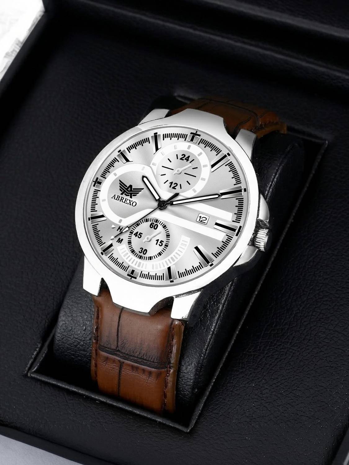 ABREXO Abx4030-Silver Dial Brown Leather Strap Chronograph Look Silver Dial Date Working Brown Leather Strap Watch For Boys Analog Watch - For Men