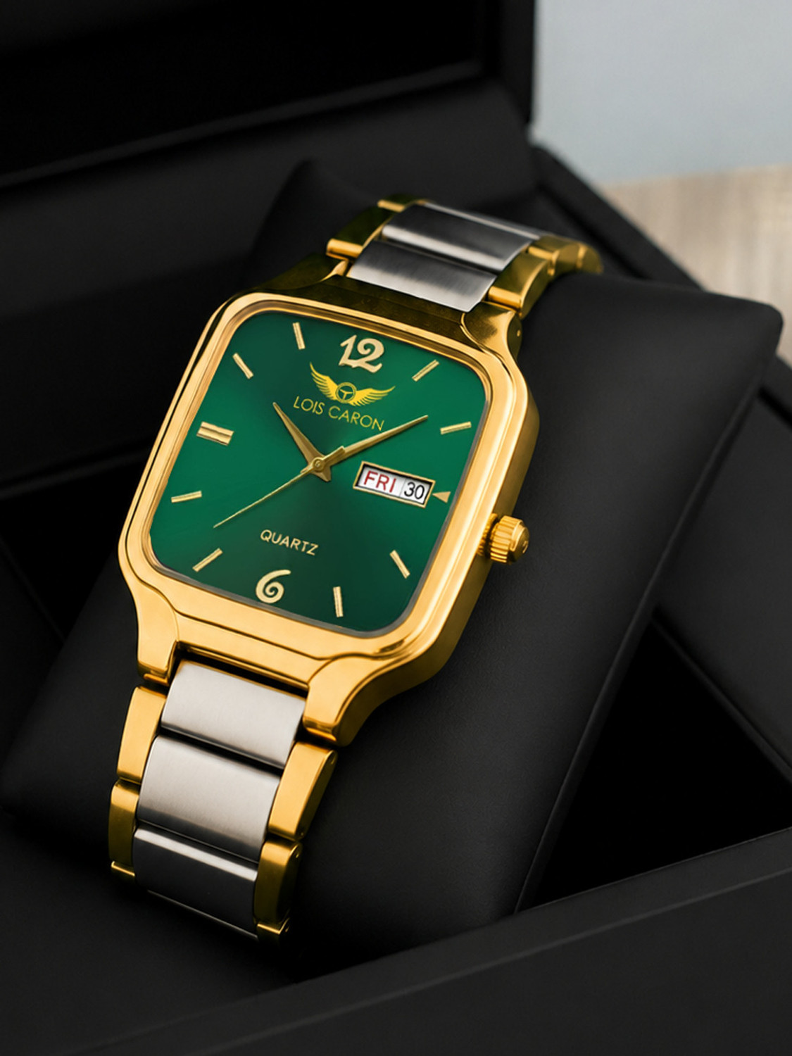 Image of LOIS CARON LCS-8643 Premium Square Day & Date Green dial Two tone strap Analog Watch - For Men