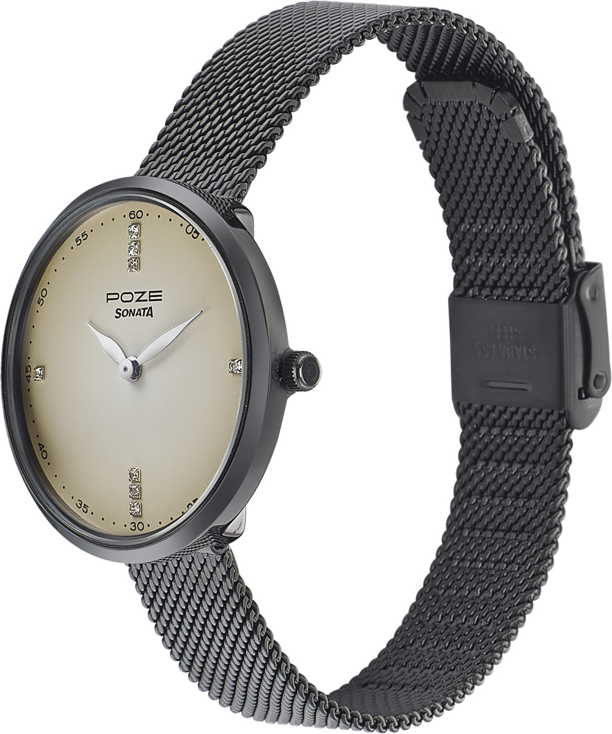 Image of SONATA Poze Poze White Dial Black Metal Strap Analog Watch - For Women