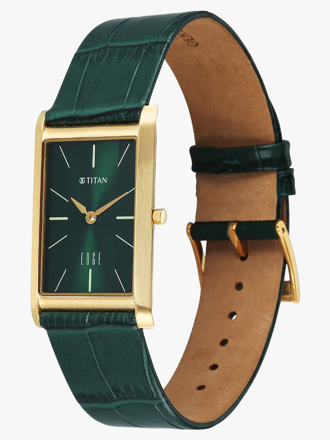 Image of Titan Edge Monture Titan Edge Monture Quartz Green Dial Gold Leather Strap Analog Watch - For Men