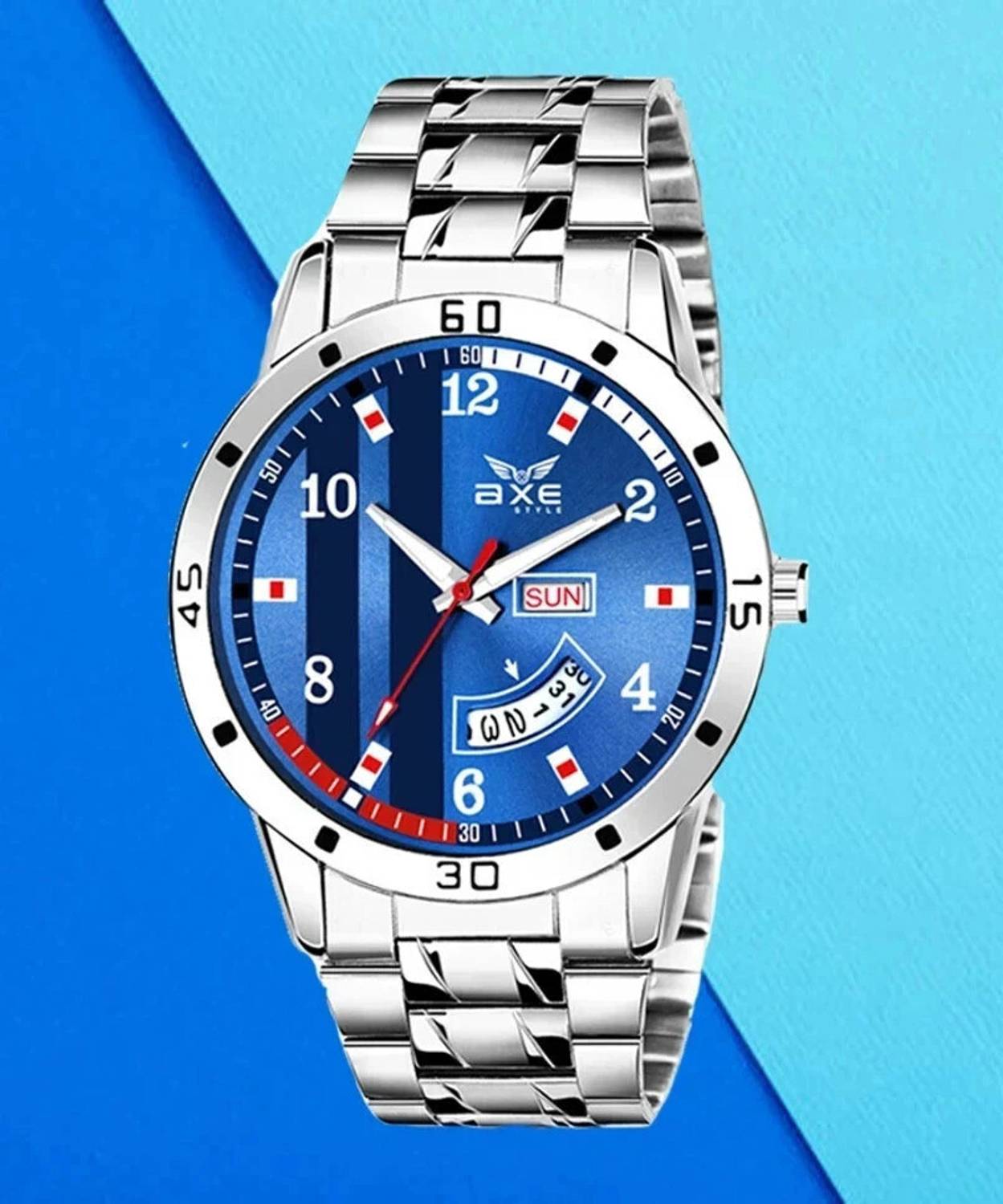 AXE Style XDD-7031 Blue Day & Date Steel Chain Watch & Branded