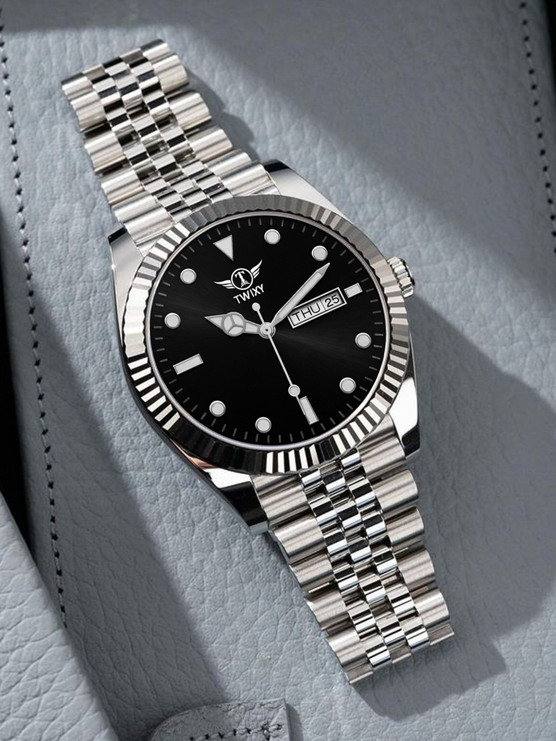 Image of TWIXY TYW-8 Silver-Black TWIXY Sea‑Dweller Series Day-Date Display Function Black Dial Steel Analog Watch - For Men