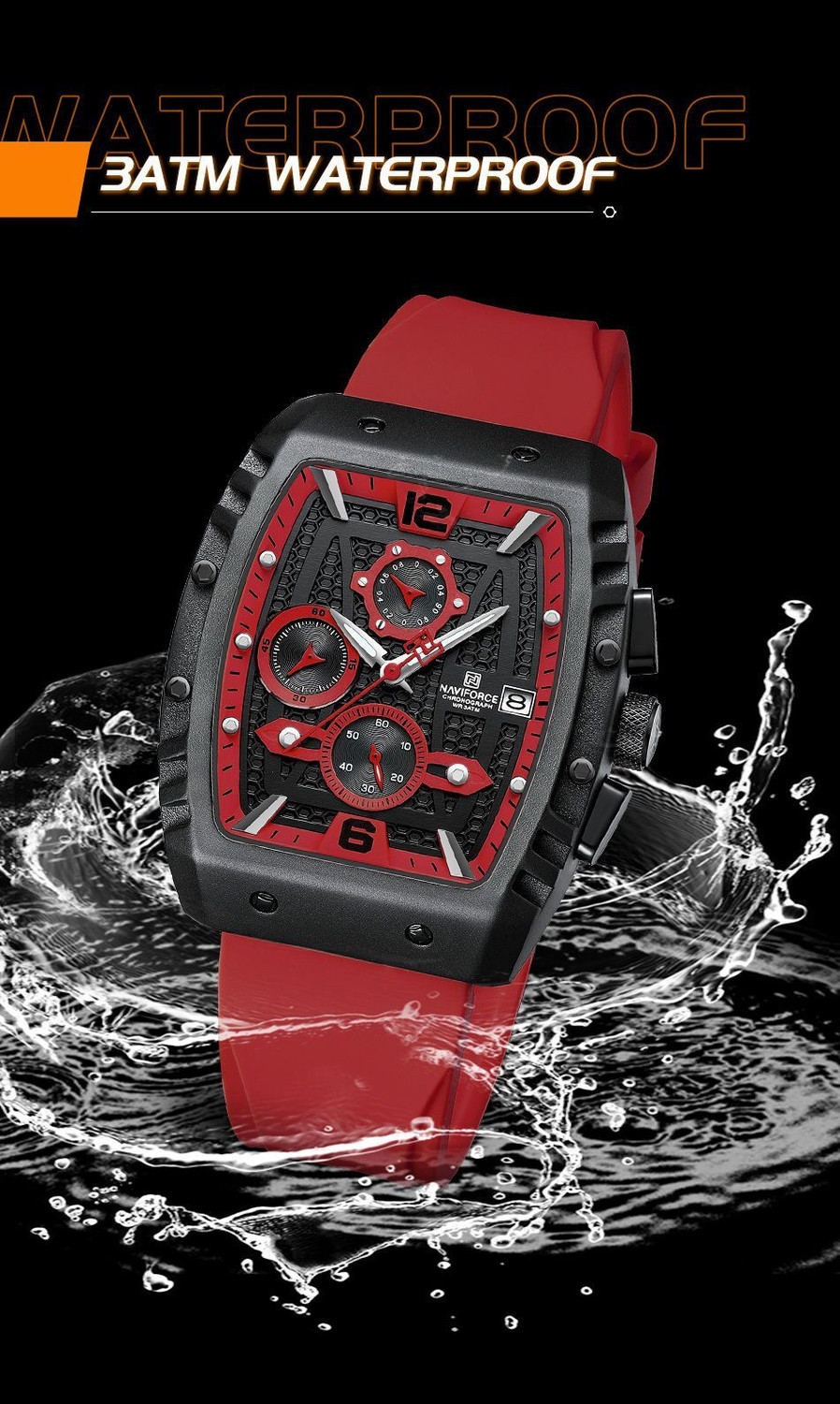 Image of NAVIFORC NF8025 Sleek Red And Black Chronograph Dial With Soft Stylish Silicon Strap Analog Watch - For Men