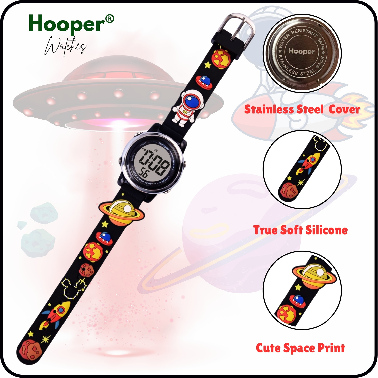 Image of Hooper Space 3D Hooper 3D Kids Digital Watch, 7‑Color LED, Soft Silicone Strap, Age 5-10 Digital Watch - For Boys