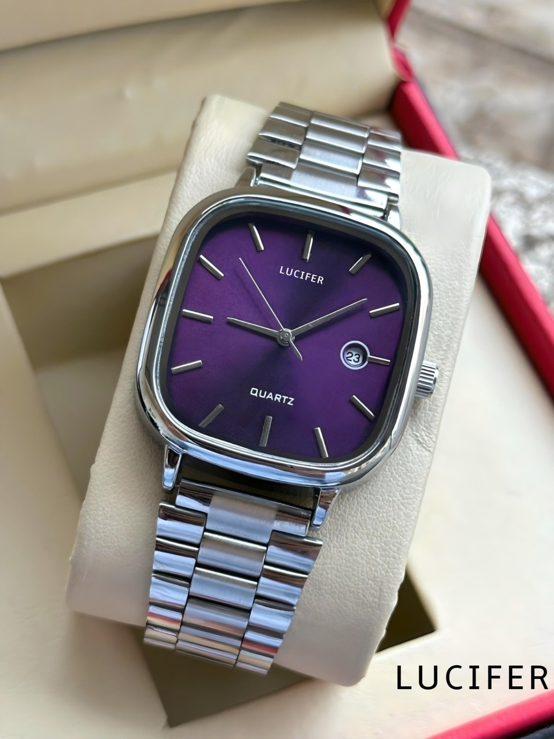 Image of Lucifer AVM31 PURPLE unisex watch Stainless Steel Analog Square Dial Date Display Unisex Premium Wrist Formal Analog Watch - For Men & Women