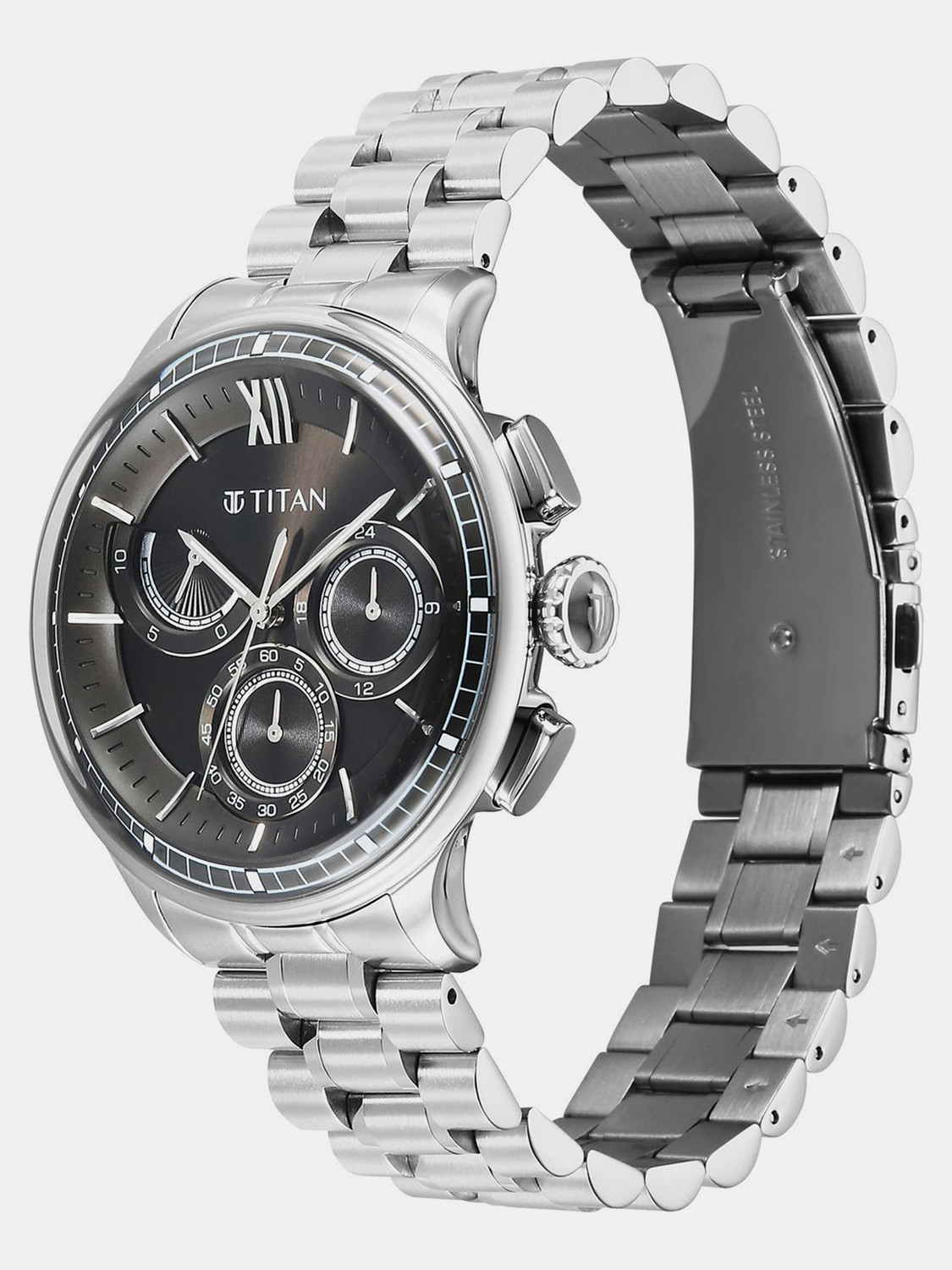 Image of Titan Titan Classique Half Cut Chronograph Titan Classique Half Cut Chronograph Quartz Black Dial Silver Strap Analog Watch - For Men
