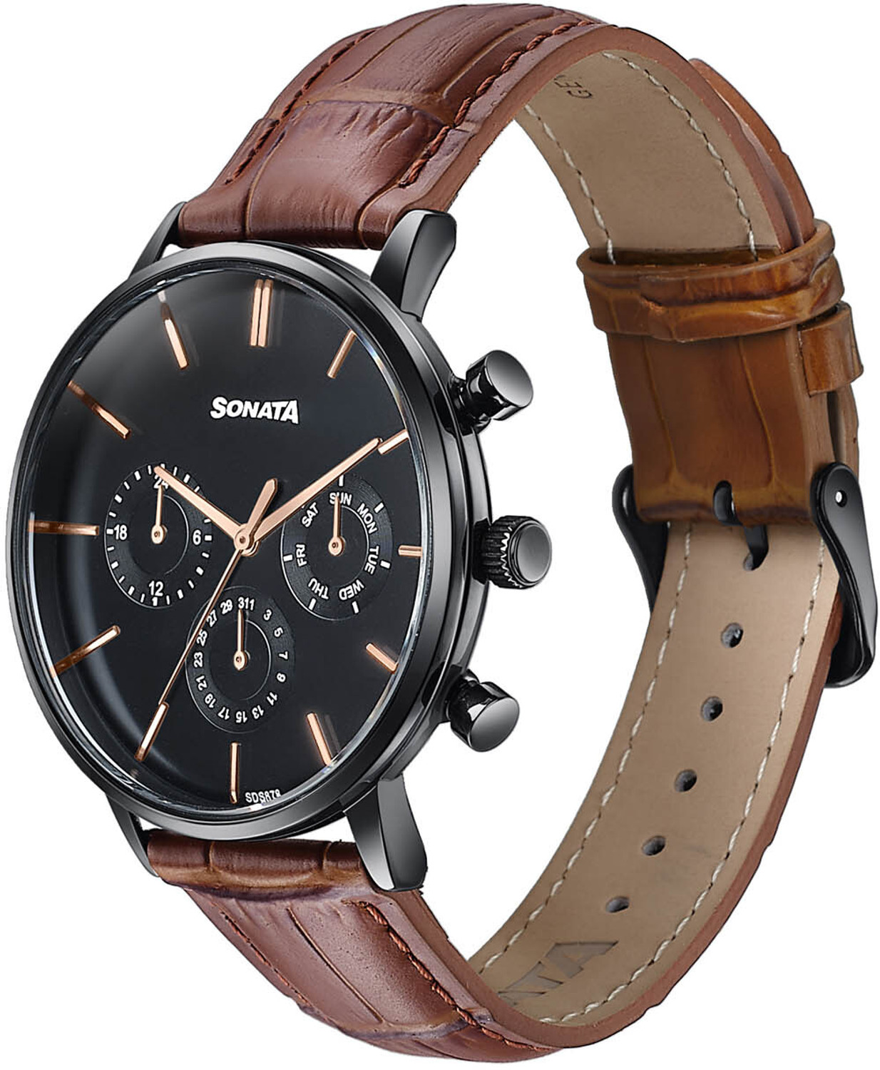 Image of SONATA Festive 2.0 Ph II Sonata Festive 2.0 Quartz Black & gold Dial Brown Leather Strap Analog Watch - For Men