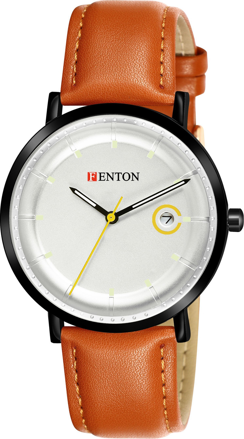 Image of FANTON WATCHES CFN-90122 Fenton Yellow Asint Analogue Watch with Brown Leather Strap, 40mm Case Analog Watch - For Men