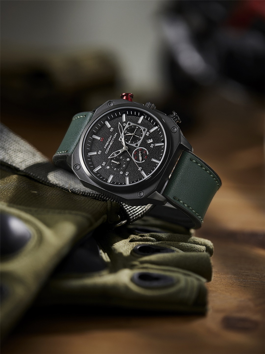 Image of French Connection Black Pattern Contemporary Dial | Green Silicone Chronograph Watch for Men Analog Watch - For Men