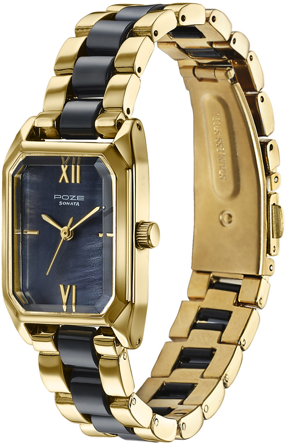 Image of SONATA Poze 7 Sonata Poze 7 Black MOP Dial IPG + Black Metal + Plastic insert Strap Analog Watch - For Women