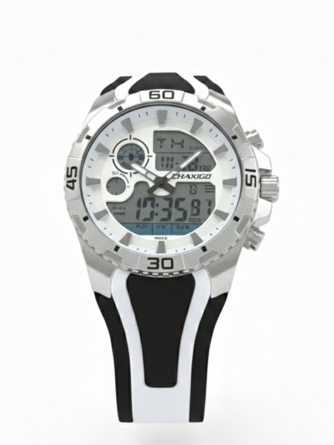 Image of Chaxigo Stylish Multi-functional White Dial White-Black Silicone Strap Analog-Digital Watch - For Men