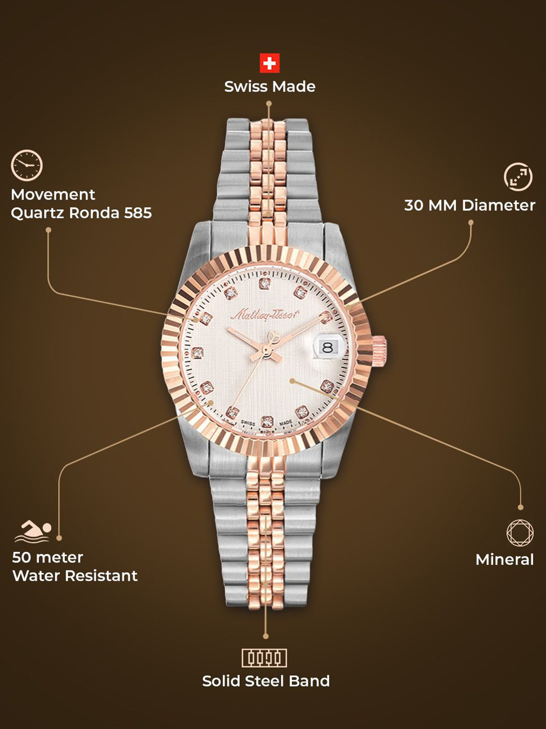 Image of Mathey-Tissot D810RA Swiss Made Mathy III Quartz Ronda 585H3 Movement White Dial Analog Watch - For Women
