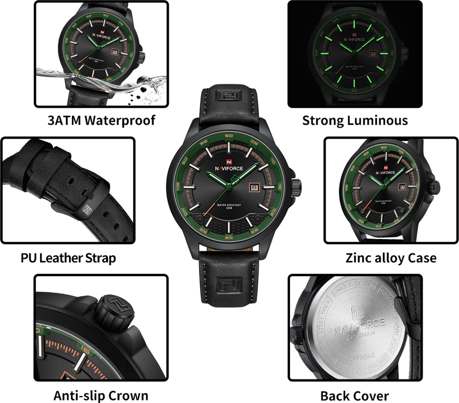Image of NAVIFORCE NF9248L Black Men's Trendy Leather Strap Sports Waterproof Luminous Analog Watch - For Men
