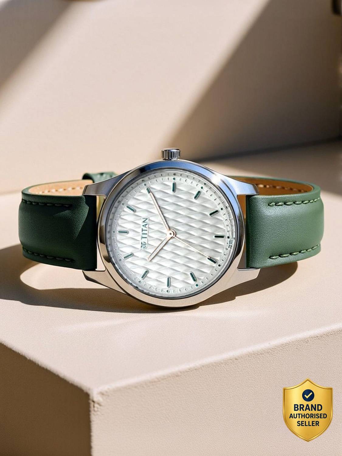 Titan NP2639SL04 White Dial Green Leather Strap Watch