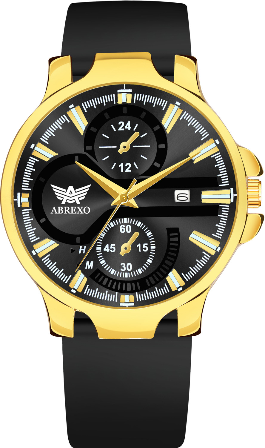 Image of ABREXO Abx3102-GD BK SLN ST ALPHA Series Chrono Look Gold Dial Date Working Black Silicon Strap Boys Analog Watch - For Men