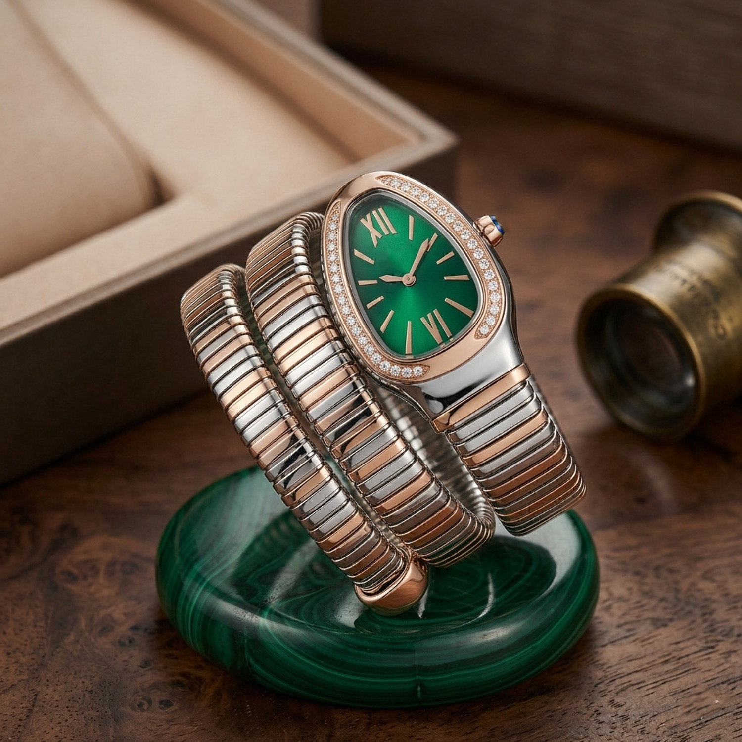 Image of WiseWalker WiseWalker Luxury Tri-Tone Snake Head Dial with Coiled Stainless Steel Bracelet Analog Watch - For Women