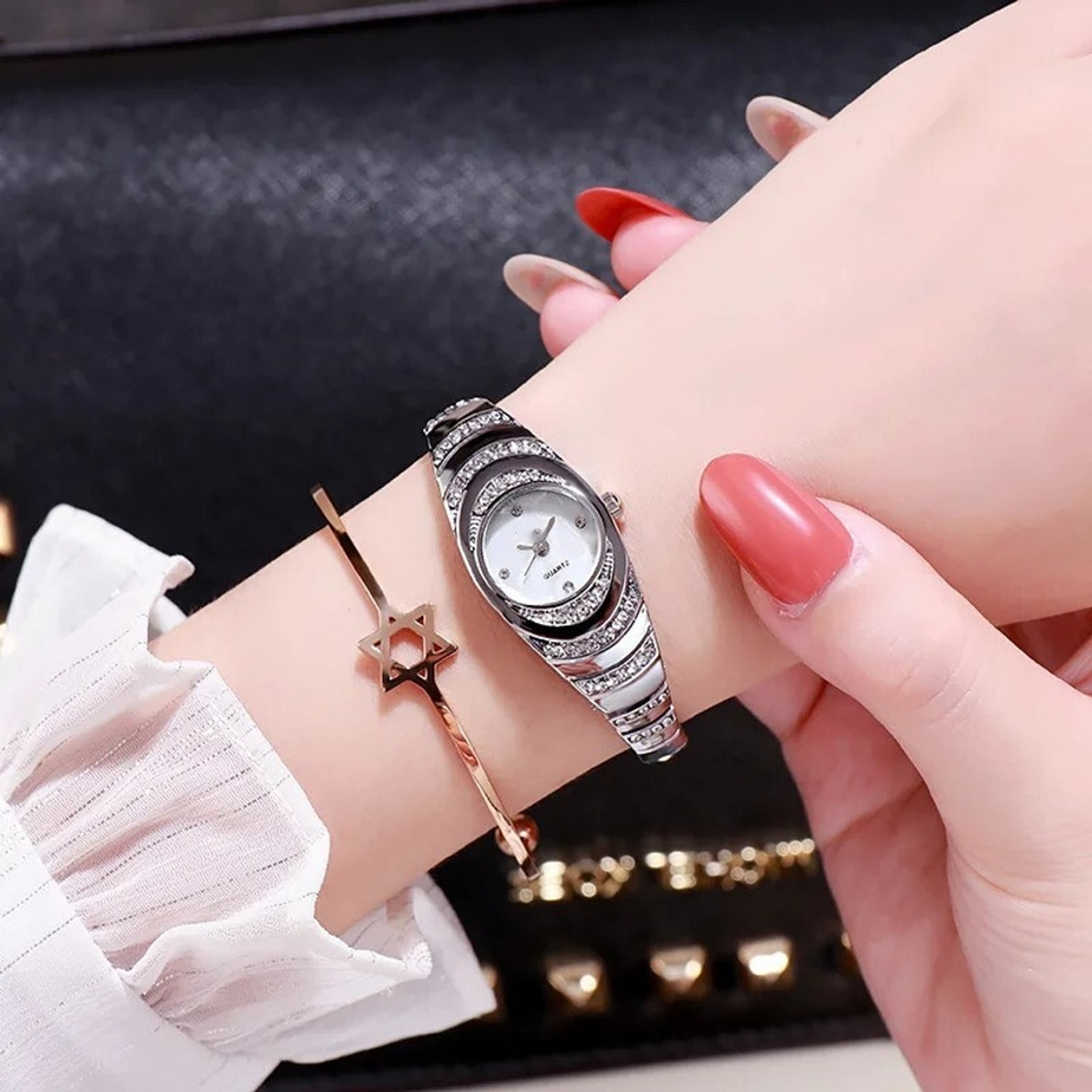 Image of RENAISSANCE TRADERS gold silver diamond premium gorgeous partywear pretty beautiful designer wedding Analog Watch - For Women cute fancy fashion