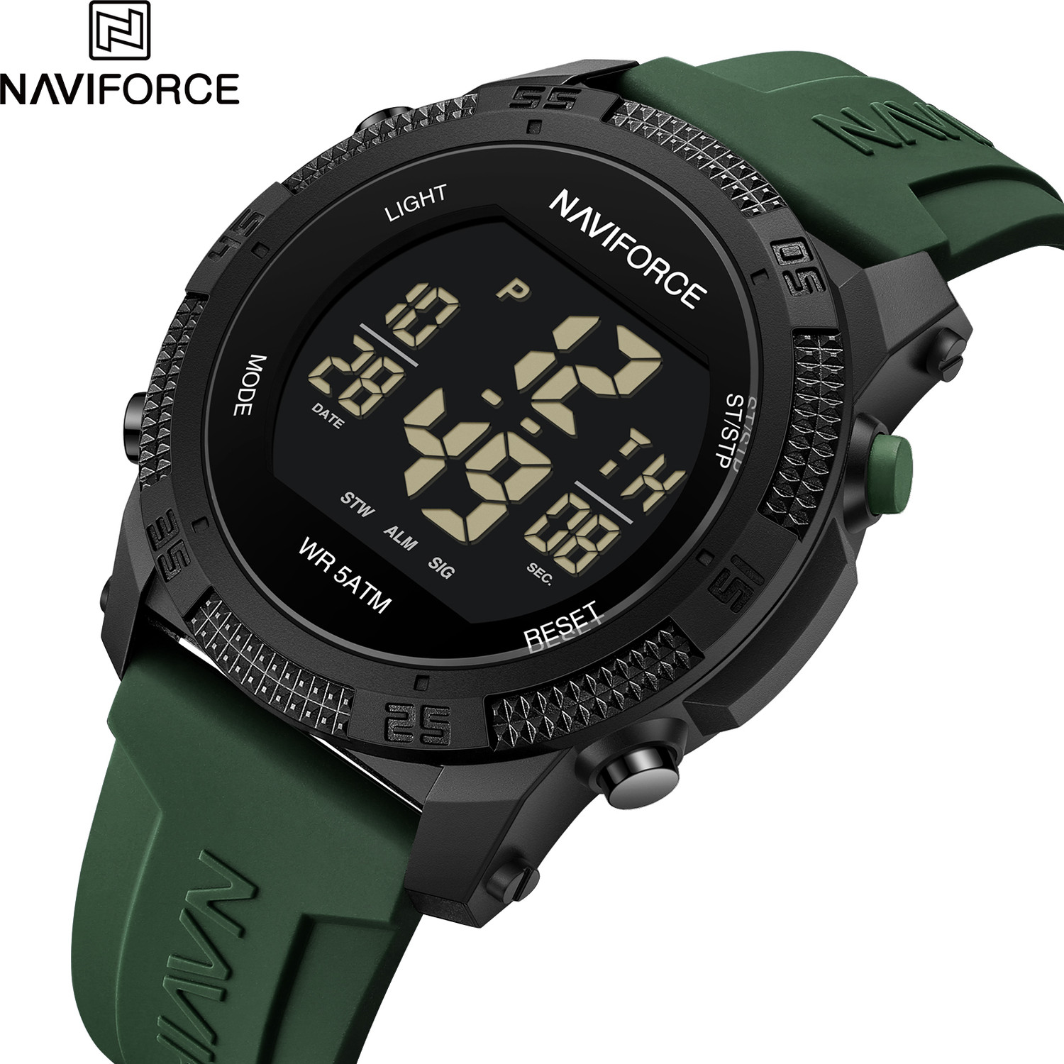 Image of NAVIFORCE NF7104 Green silicone light weight strap multi-function round dial Digital Watch - For Men