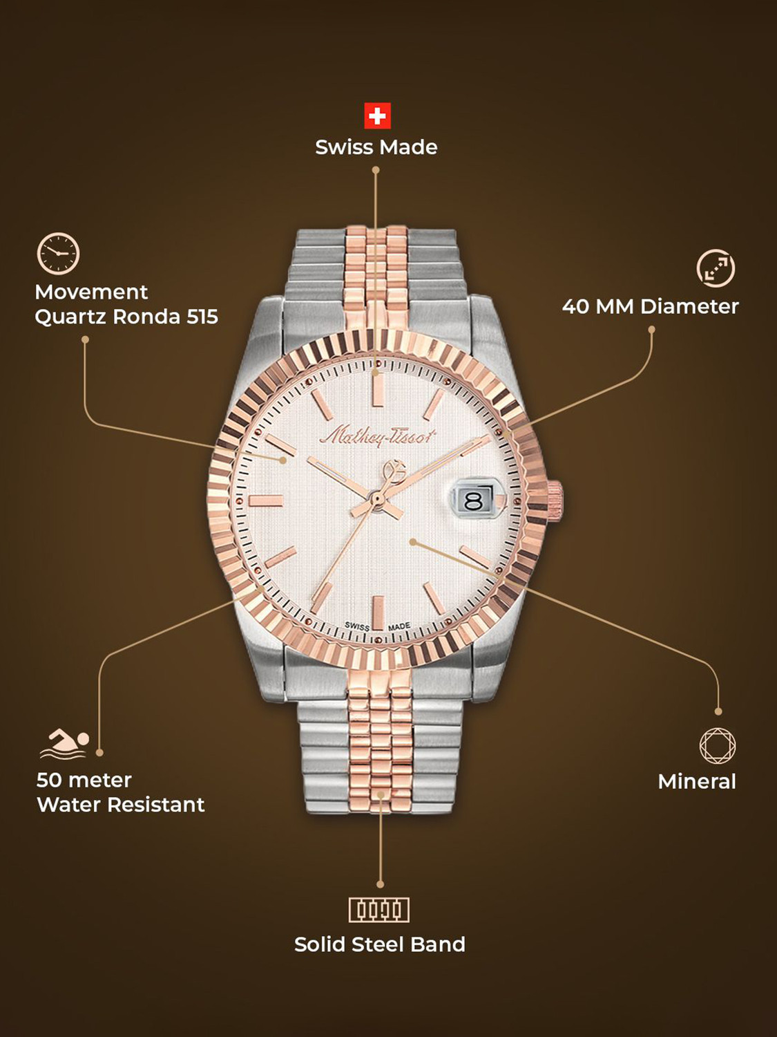 Image of Mathey-Tissot H810RA Swiss Made Mathy III Quartz Ronda 515 H3 Movement White Dial Analog Watch - For Men