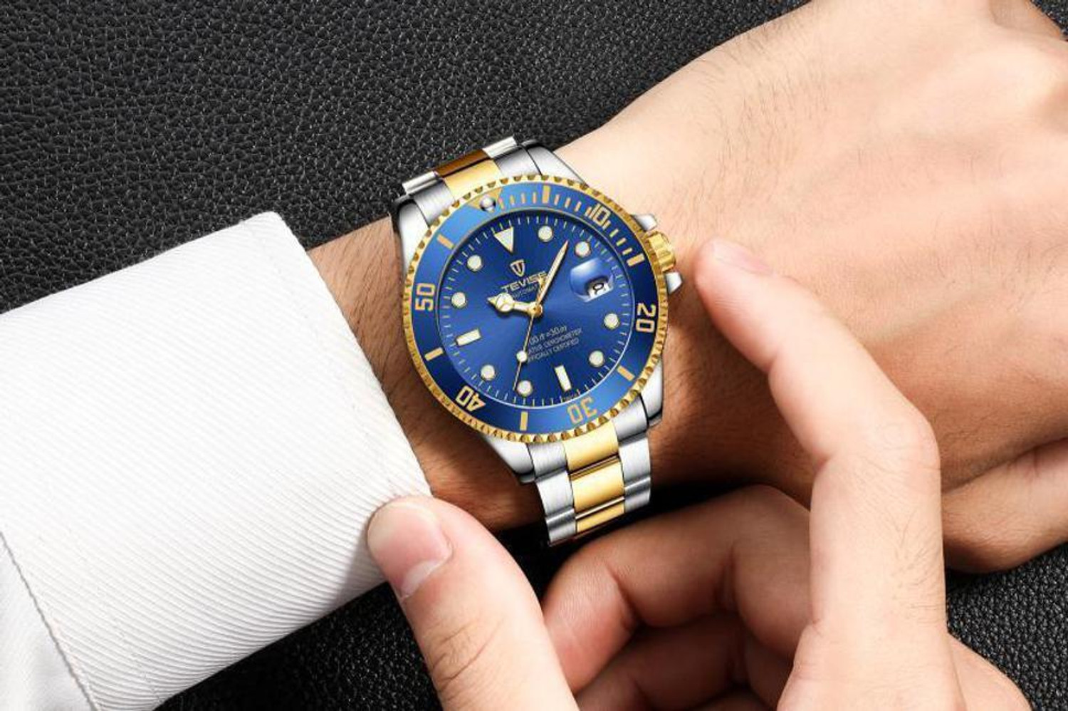Image of Tevise Automatic Mechanical Skeleton Chronograph Luxury Blue Automatic Mechanical Luxury chain wrist watch for men Rolex Vintage classic blue Analog Watch - For Men