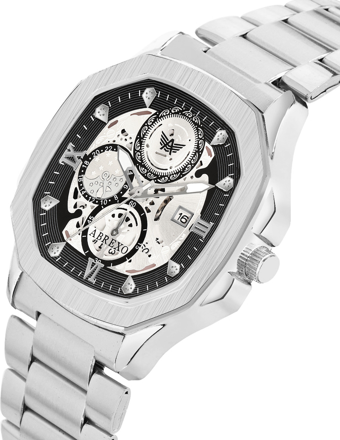 Image of ABREXO GODFATHER Square Chrono Look Silver Dial Date Working Stainless Strap For Boys Analog Watch - For Men Abx8311-Silver Bracelets
