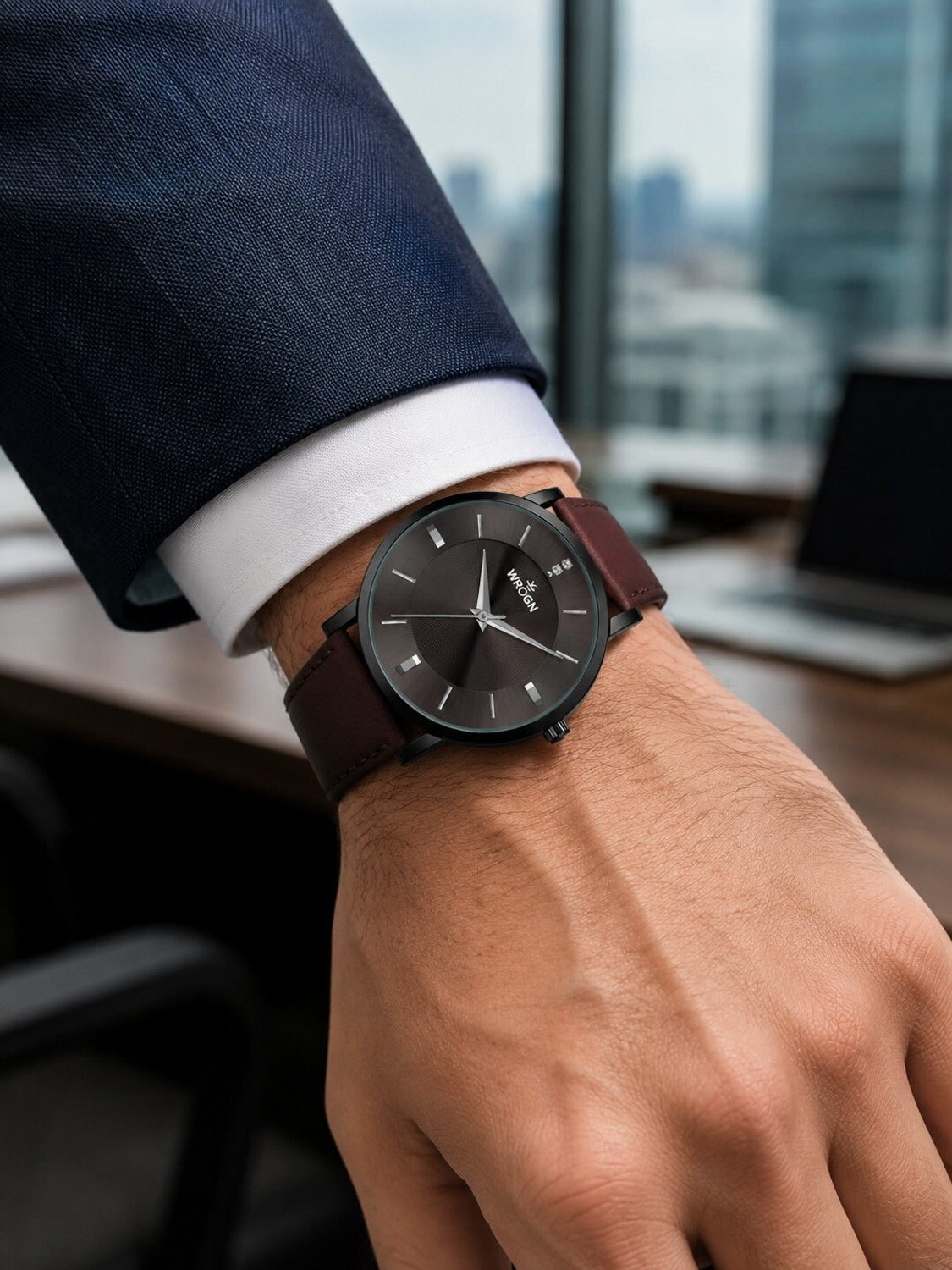 Image of WROGN Men Printed Dial & Leather Straps Analogue Watch Analog Watch - For Men