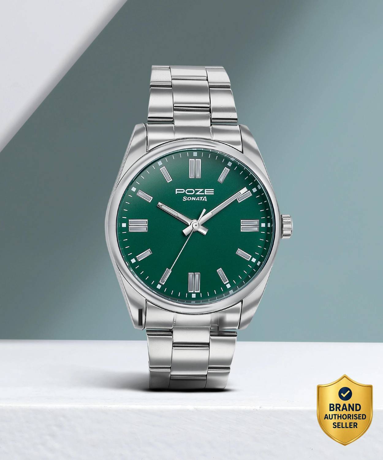 Sonata Sonata Poze Quartz Green Dial Silver Strap Watch for Men