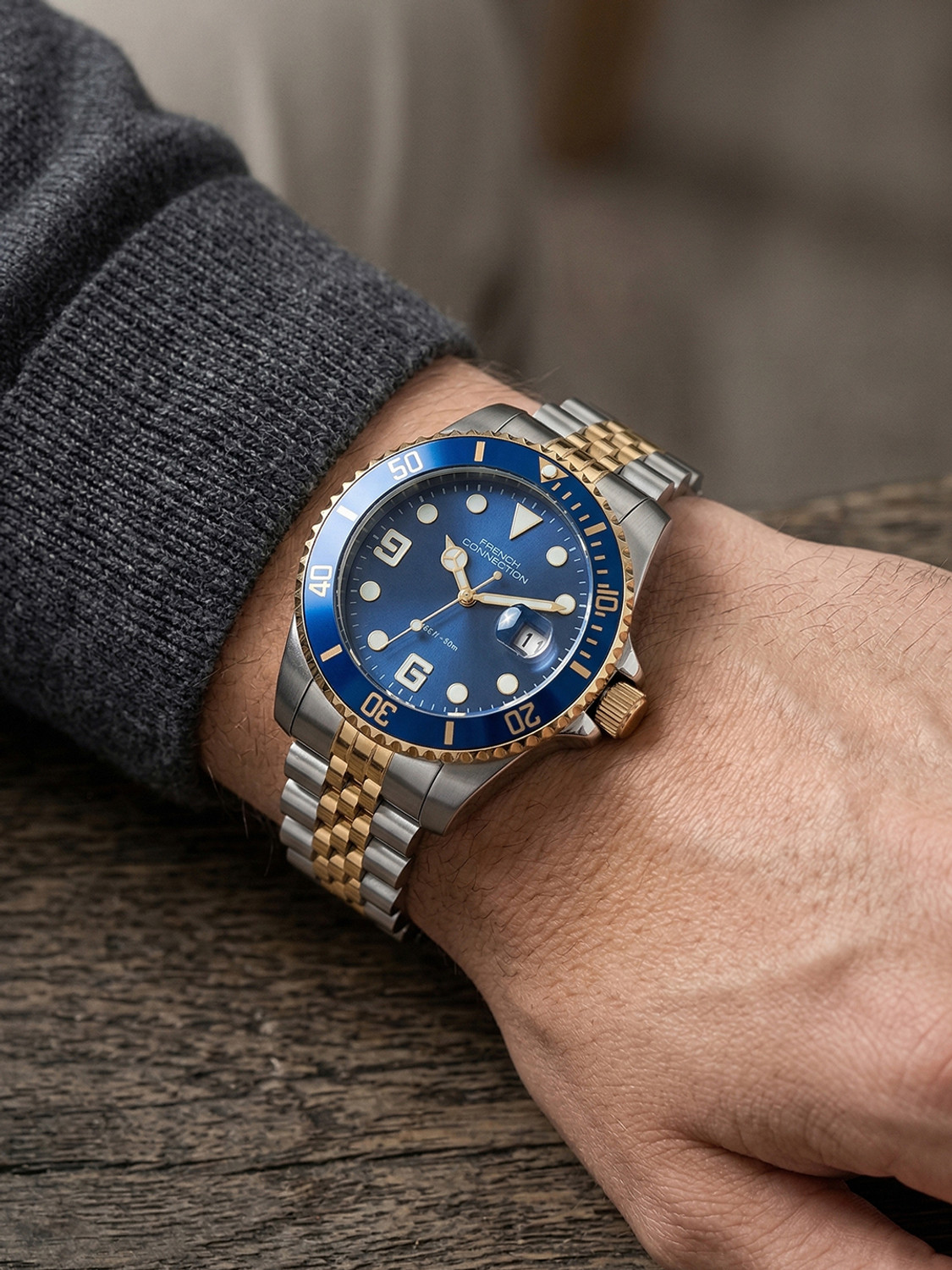 Image of French Connection STEELORA Blue Dated Sunray Round Dial | Gold Stainless Steel Analog Watch for Men Analog Watch - For Men